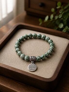 Green Tree Agate Bead Bracelet with Tree of Life Charm